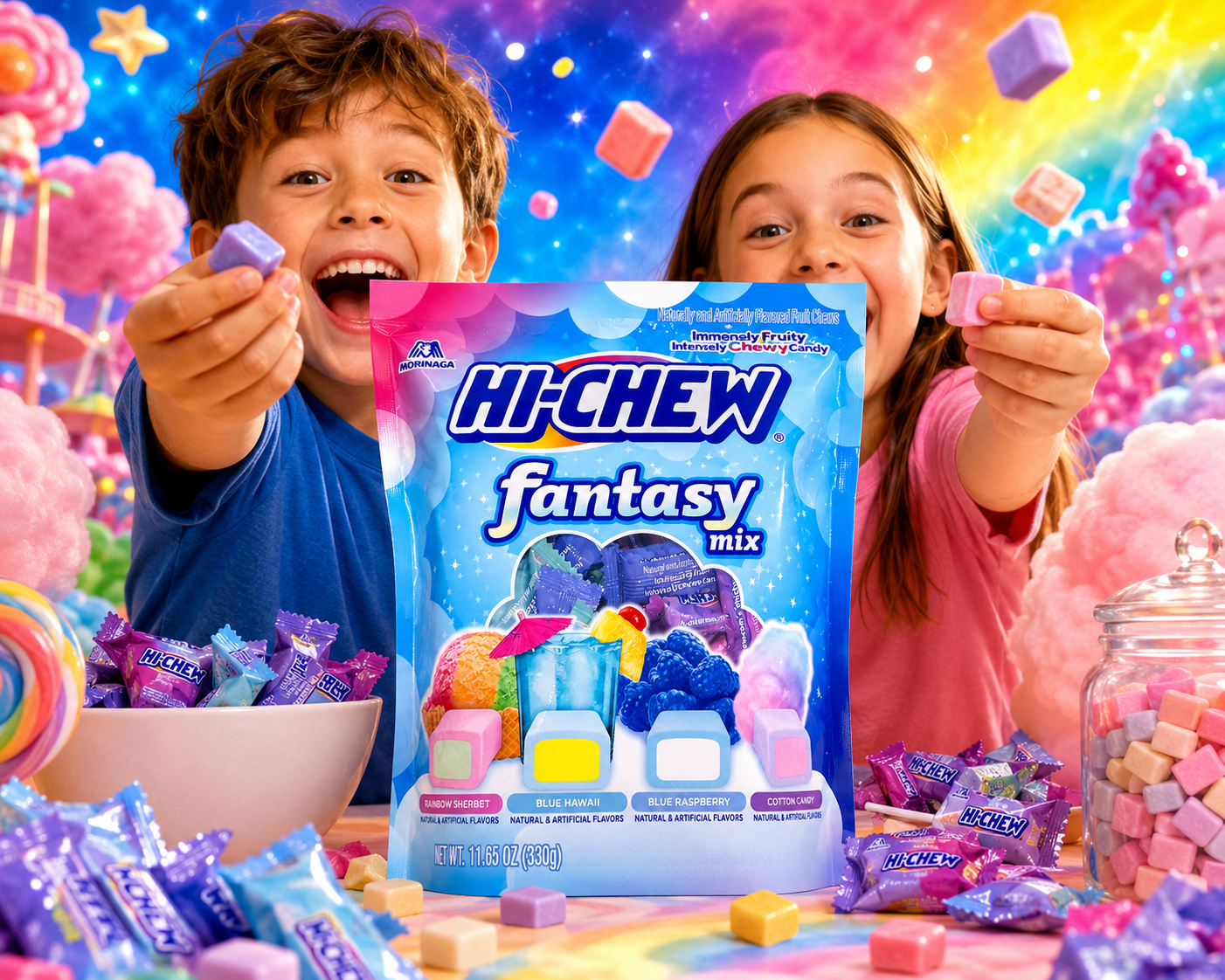 HI-CHEW Fantasy Mix Soft Chewy Candy Variety Pack – Rainbow Sherbet, Blue Hawaii, Blue Raspberry & Cotton Candy (11.65 oz)