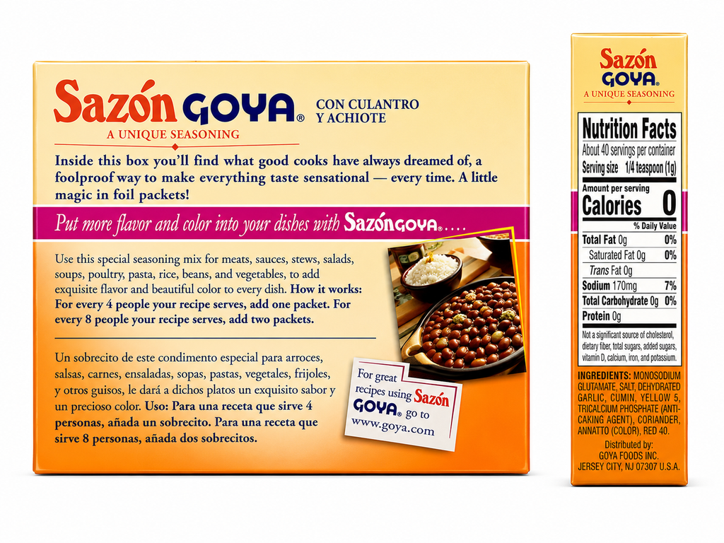 Goya Sazón Seasoning with Coriander & Annatto (Culantro y Achiote) 8 Packets | Authentic Latin All-Purpose Seasoning