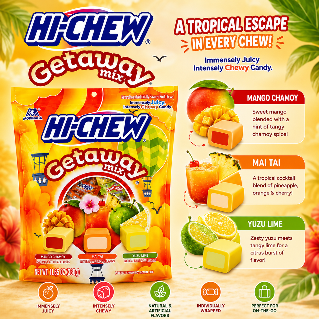 HI-CHEW Getaway Mix Tropical Fruit Chewy Candy Variety Pack – Mango Chamoy, Mai Tai & Yuzu Lime (11.65 oz)