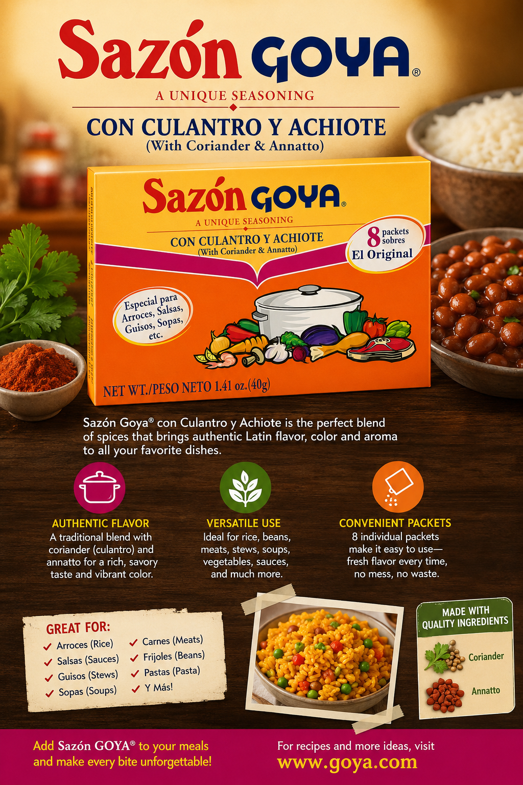 Goya Sazón Seasoning with Coriander & Annatto (Culantro y Achiote) 8 Packets | Authentic Latin All-Purpose Seasoning