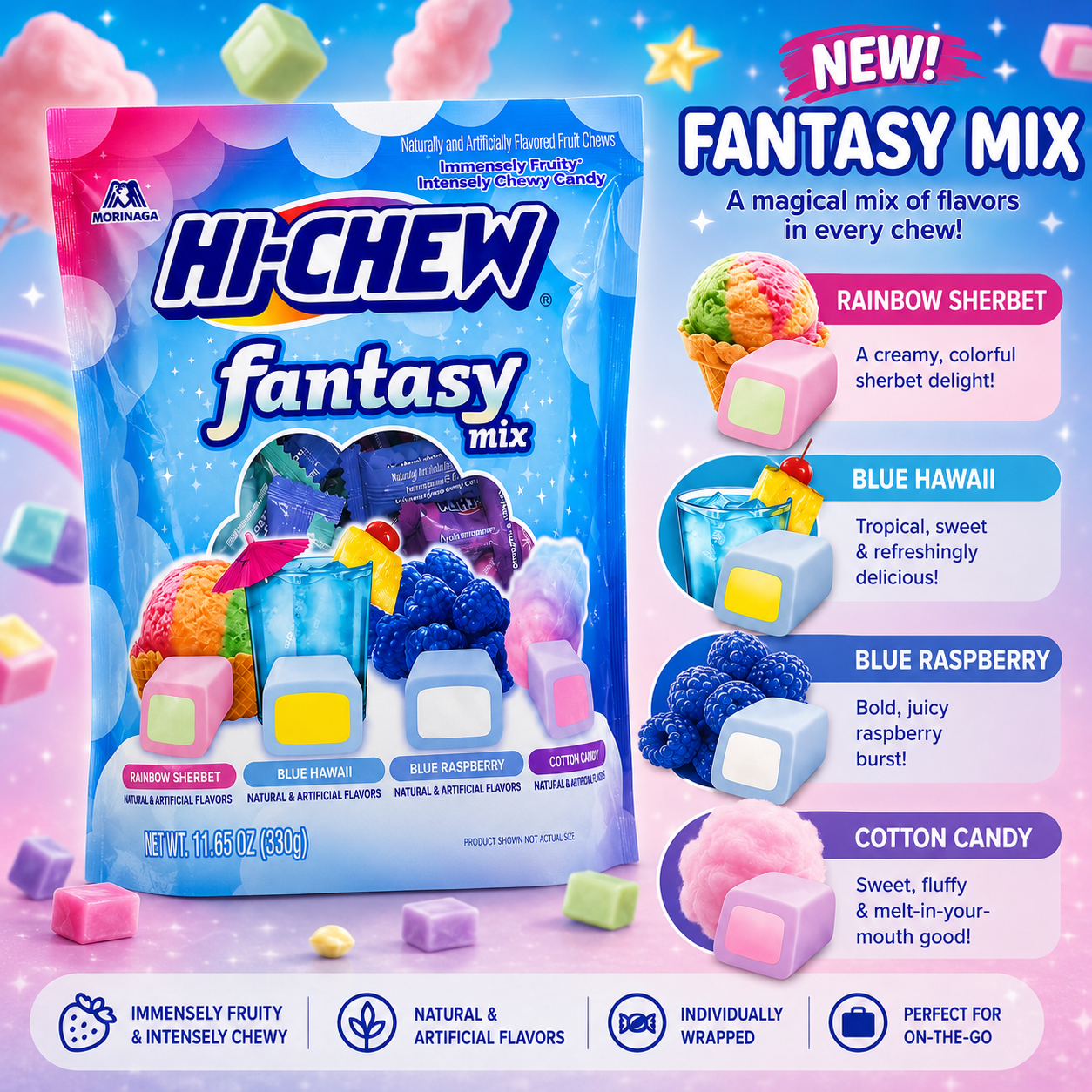 HI-CHEW Fantasy Mix Soft Chewy Candy Variety Pack – Rainbow Sherbet, Blue Hawaii, Blue Raspberry & Cotton Candy (11.65 oz)